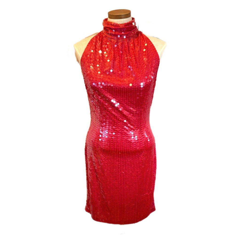 Vintage 90s Nite Line Hot Pink Sequins High Neck Backless Dress Size 10
